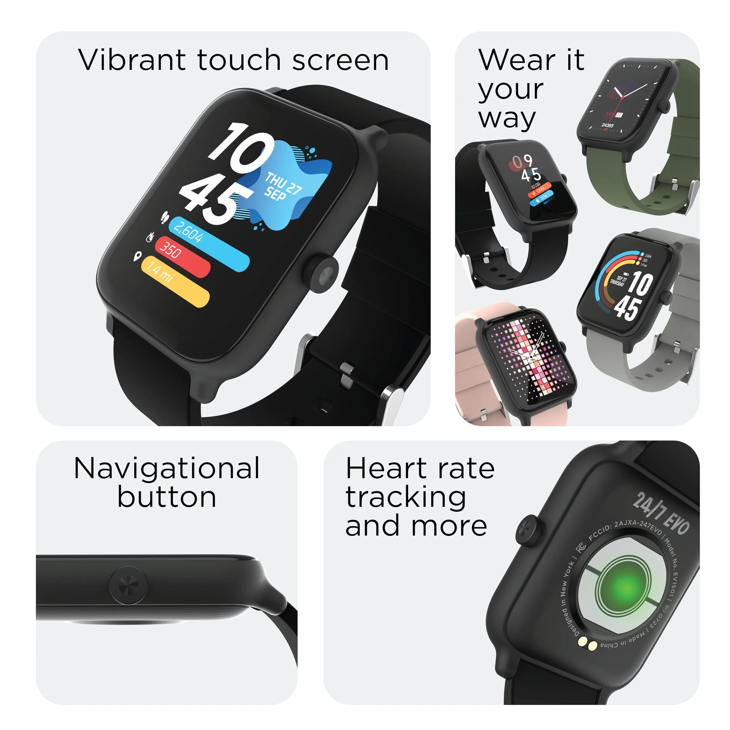 24/7 EVO Unisex Smartwatch - Fitness Tracker, Heart Rate Monitor,  Customizable Watch Face - Activity and Calorie Tracker - Multi Sports Modes - Bluetooth Connectivity