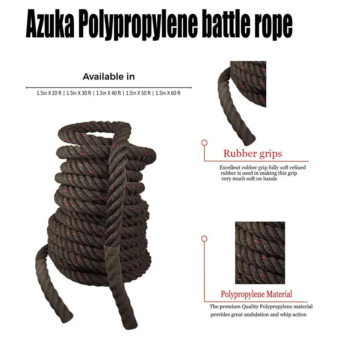 Azuka The Ultimate Fitness Battle Black PP Ropes with Red/ Yellow Tracer (1.5 x 50 ft)