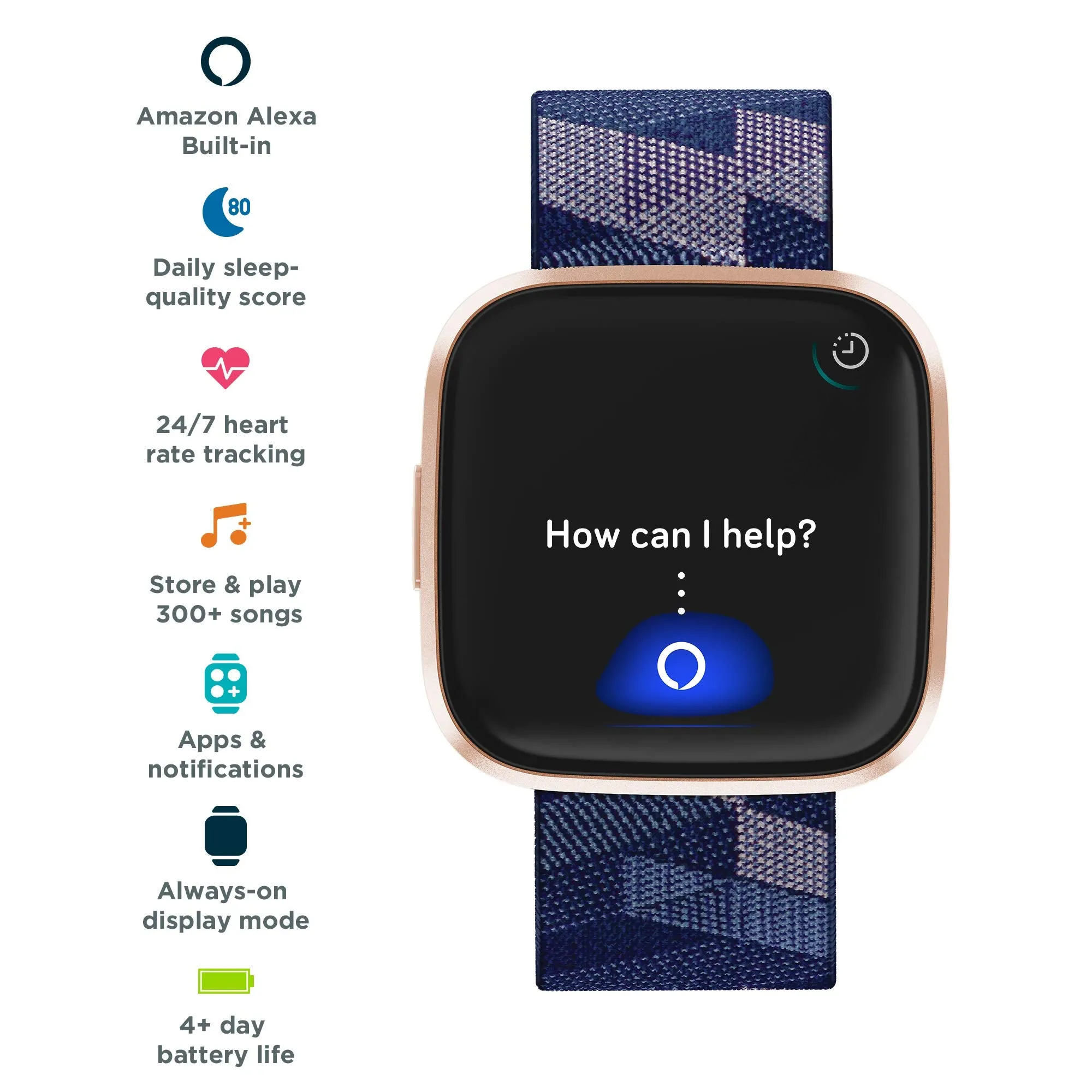 Fitbit Versa 2, Special Edition, Health & Fitness Smartwatch with Voice Control, Sleep Score & Music, SE Navy & Pink Woven