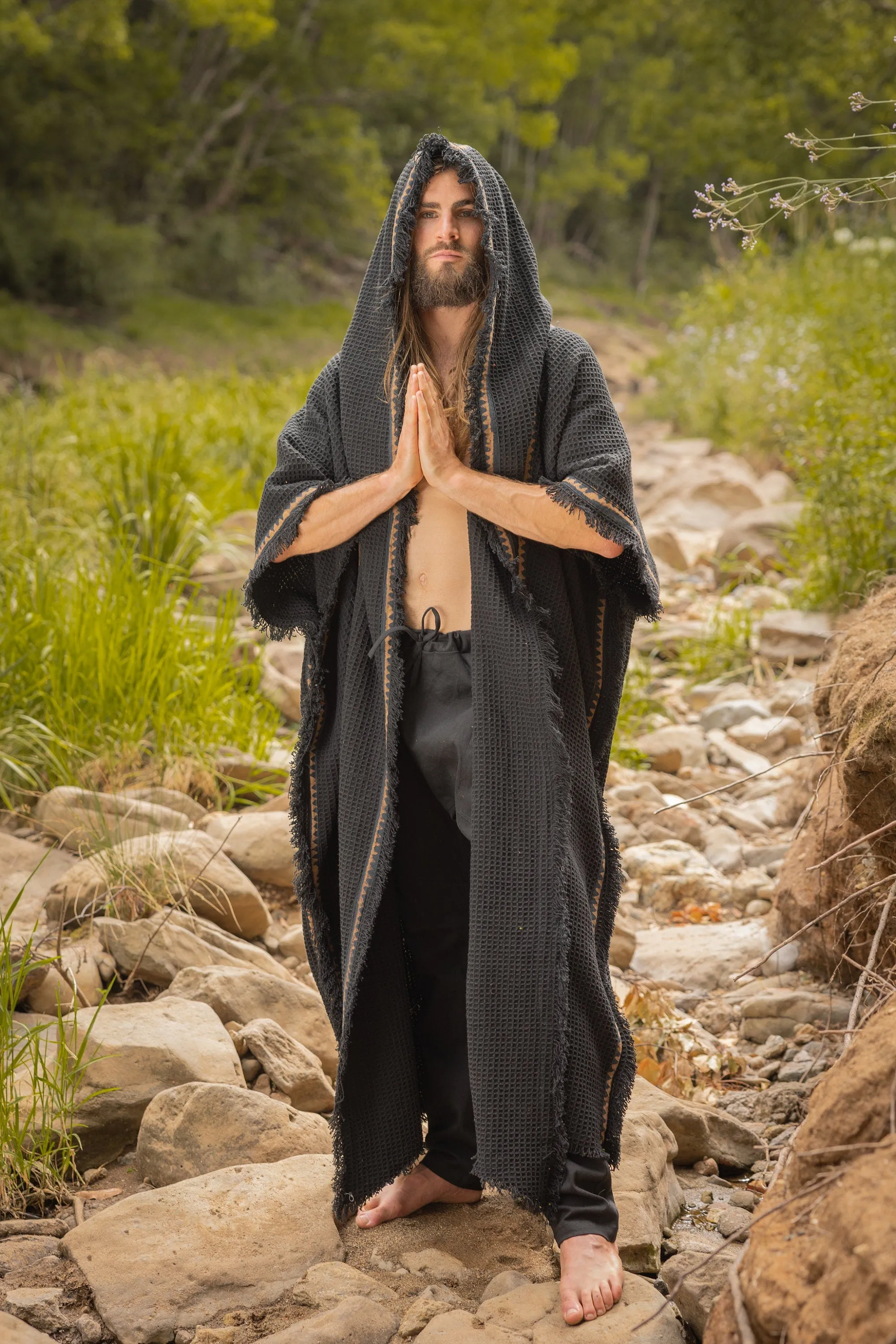 MAGOS WIZARD Long Rustic Orange Mens Hooded Kimono Vest Tribal Ritual Ceremony Gypsy Festival Magic Ritual Primitive Rave Boho Earthy AJJAYA