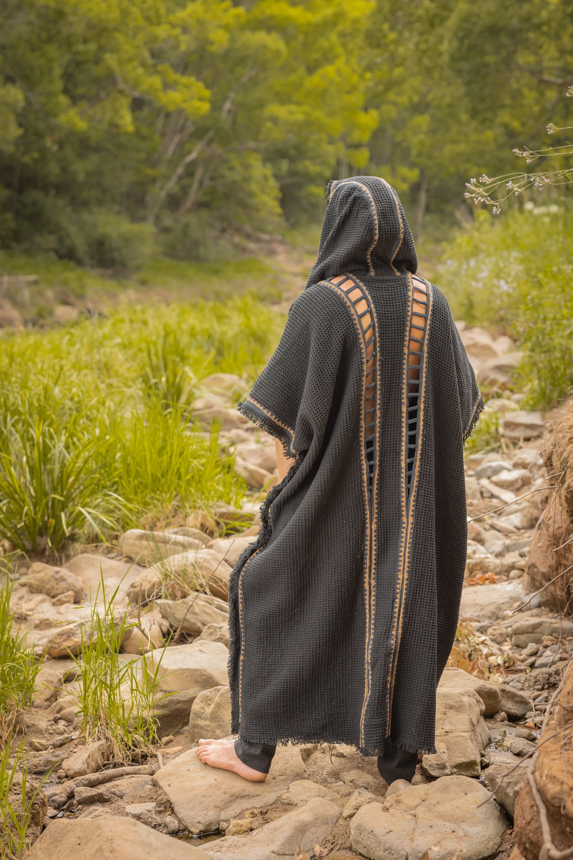 MAGOS WIZARD Long Rustic Orange Mens Hooded Kimono Vest Tribal Ritual Ceremony Gypsy Festival Magic Ritual Primitive Rave Boho Earthy AJJAYA