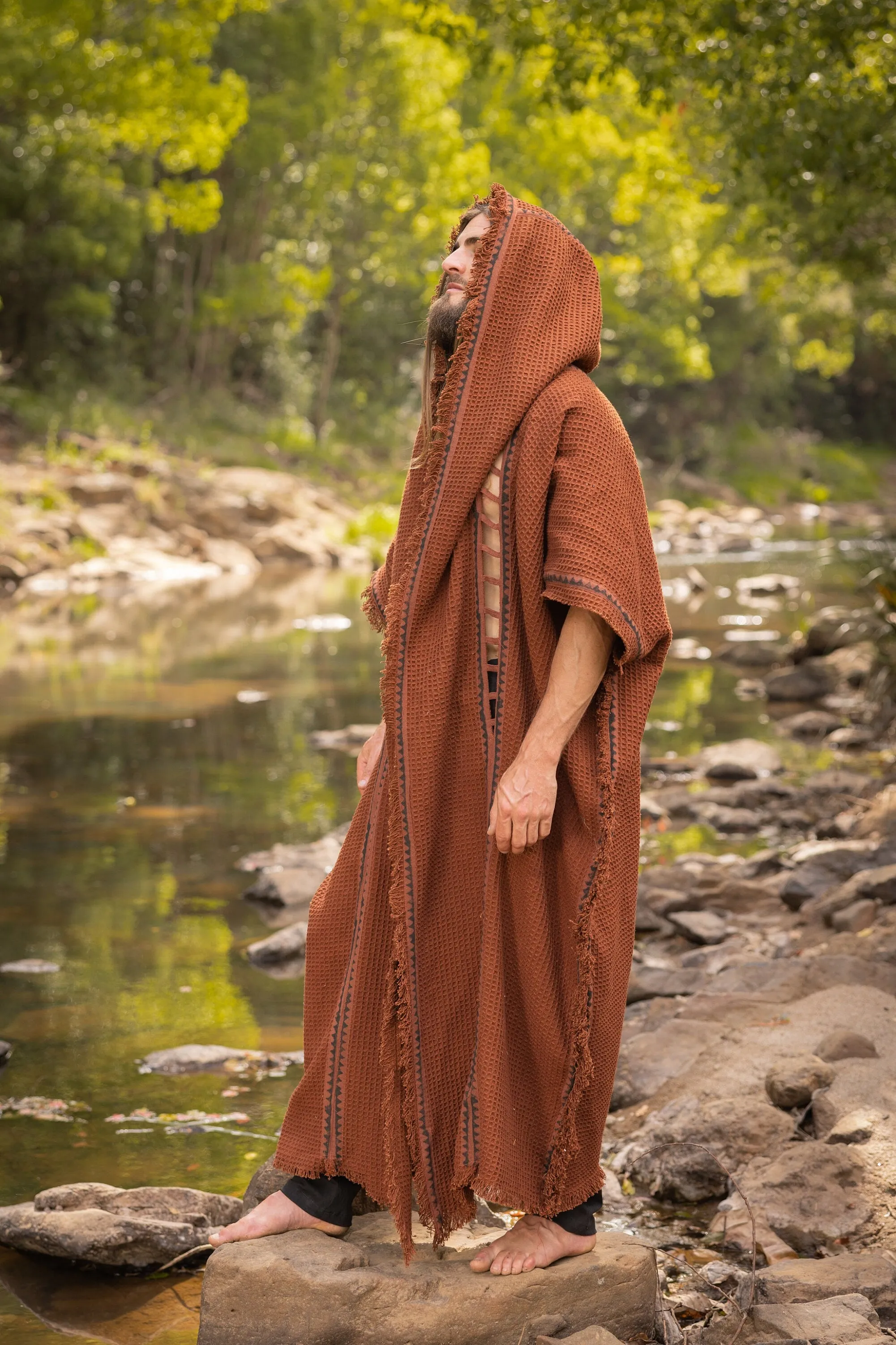 MAGOS WIZARD Long Rustic Orange Mens Hooded Kimono Vest Tribal Ritual Ceremony Gypsy Festival Magic Ritual Primitive Rave Boho Earthy AJJAYA