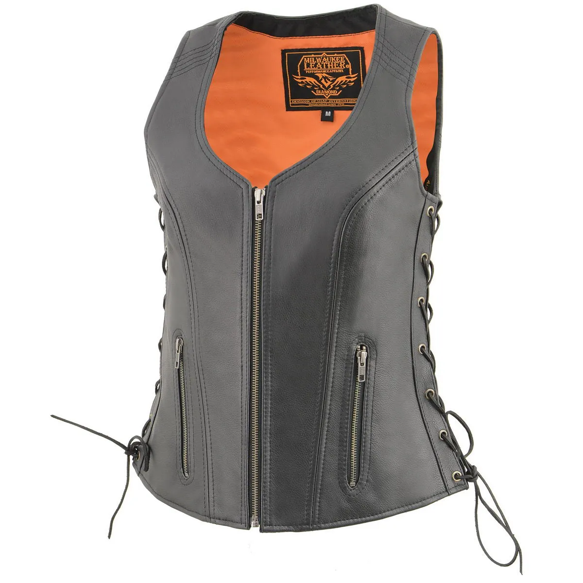 Milwaukee Leather MLL4532 Women's Black Cool-Tec Leather Open Neck Motorcycle Rider Vest w/ Side Lace