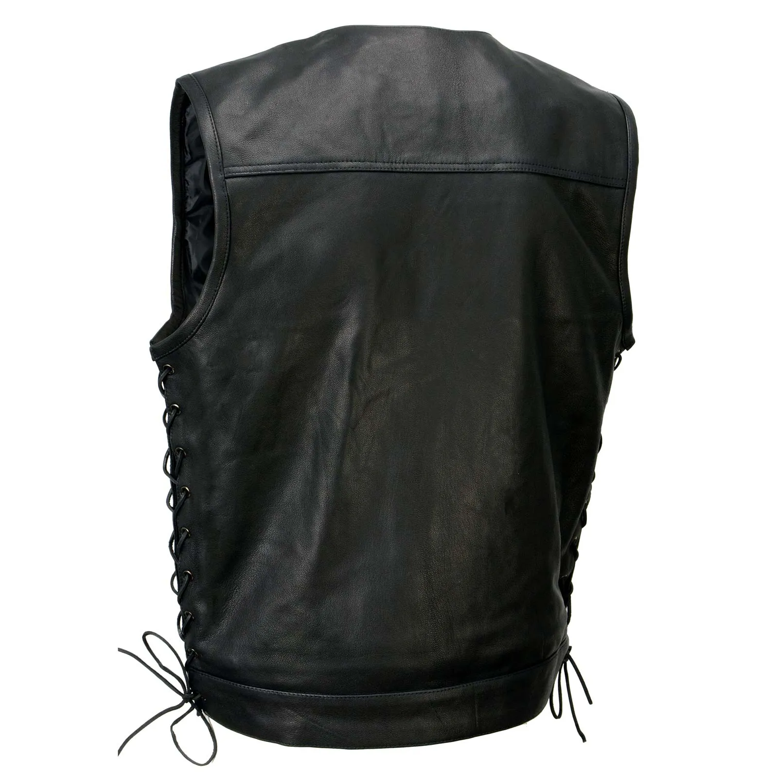 Milwaukee Leather MLM3504 Men's Black 'Pursuit' V Neck Club Style Motorcycle Leather Vest with Adjustable Side Laces