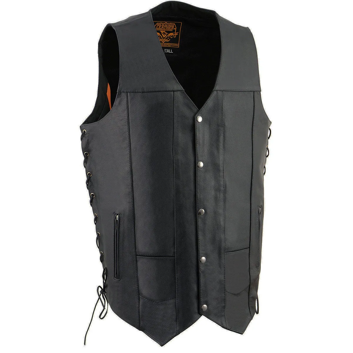 Milwaukee Leather SH1392Tall Men's Black Leather 10 Pocket V-Neck Side Lace Motorcycle Rider Vest w/ Snap Closure