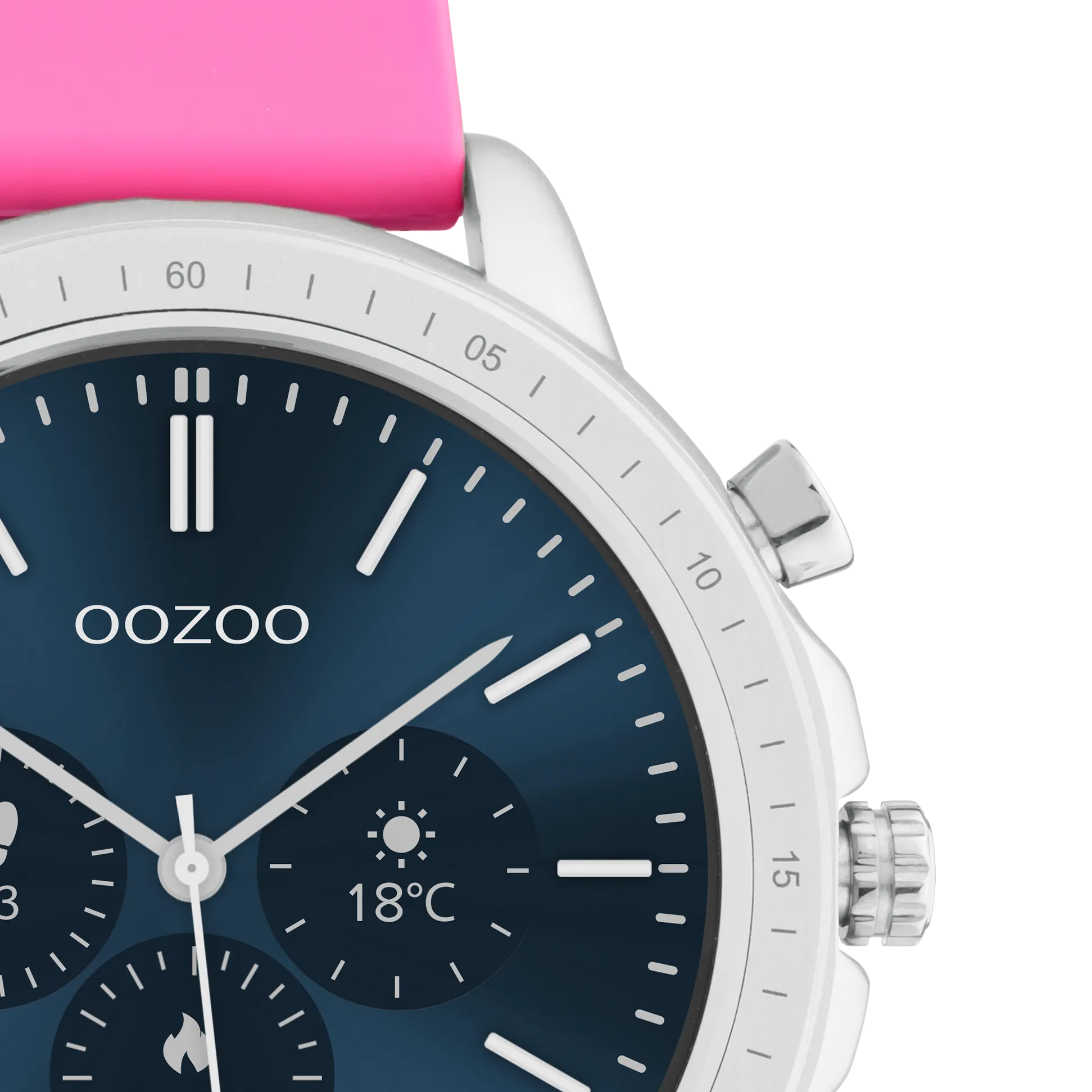 Silver coloured OOZOO smartwatch with raspberry pink rubber strap - Q00314