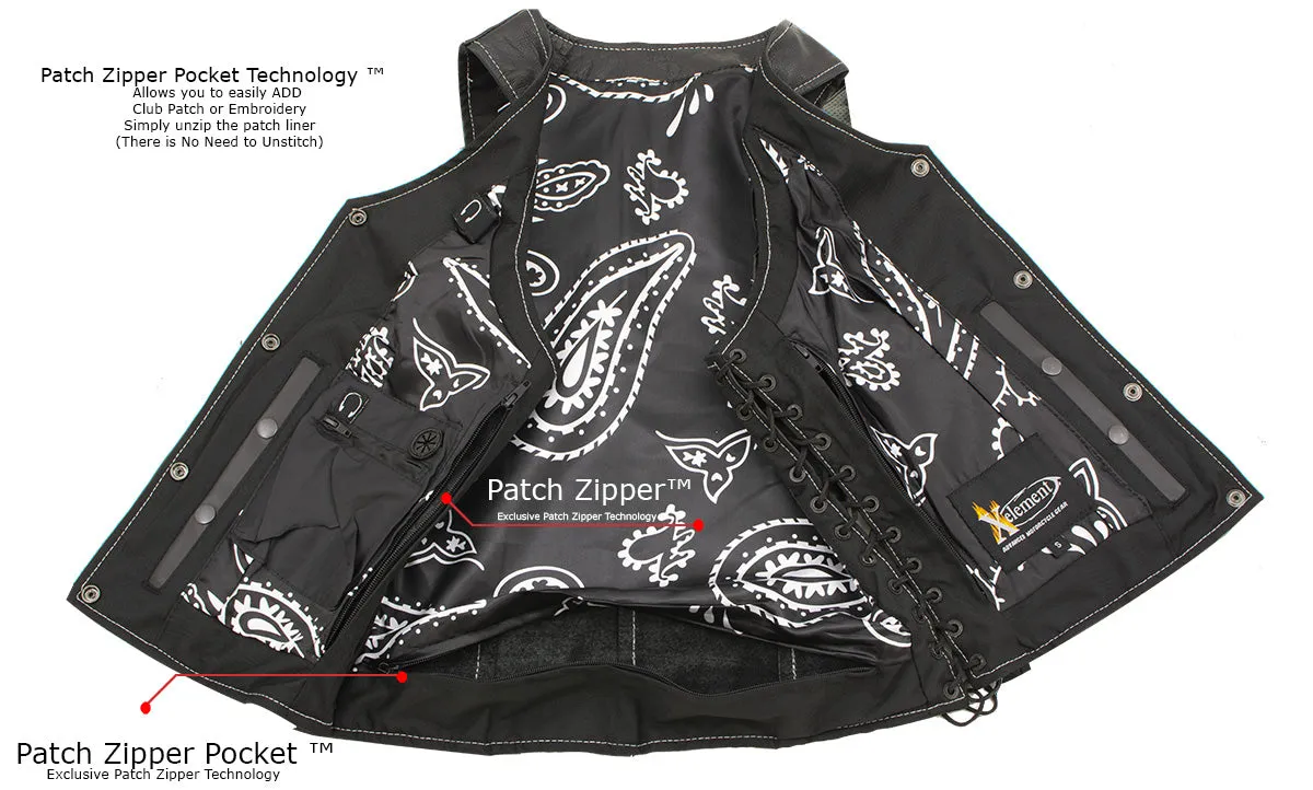 Xelement XS1029 Women's 'Paisley' Black Motorcycle Leather Vest with Side Lace Adjustment