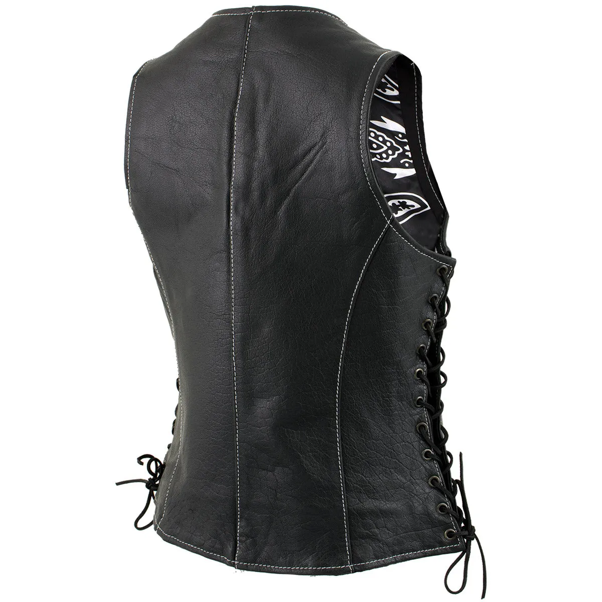 Xelement XS1029 Women's 'Paisley' Black Motorcycle Leather Vest with Side Lace Adjustment