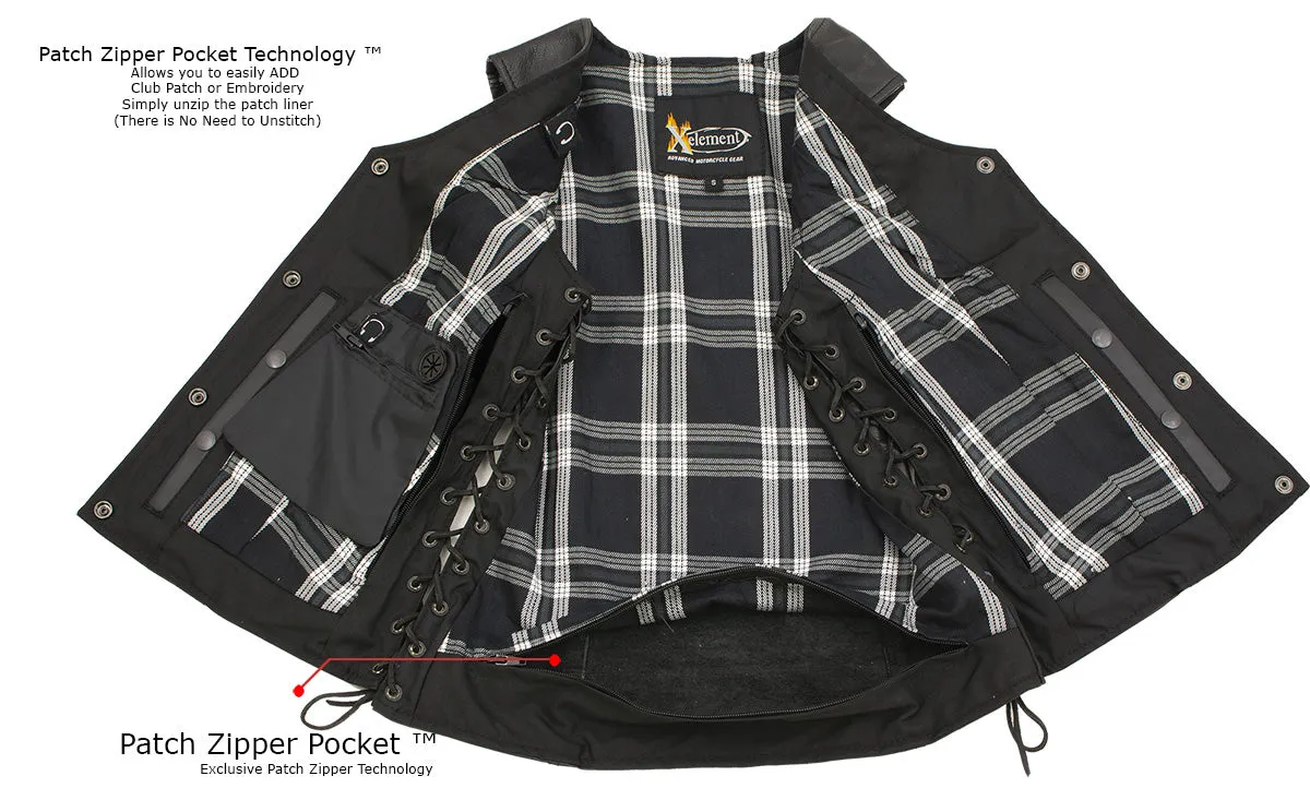 Xelement XS4505 Women's Black ‘Flannel’ Motorcycle Biker Rider Leather Vest with Snap Button Closure